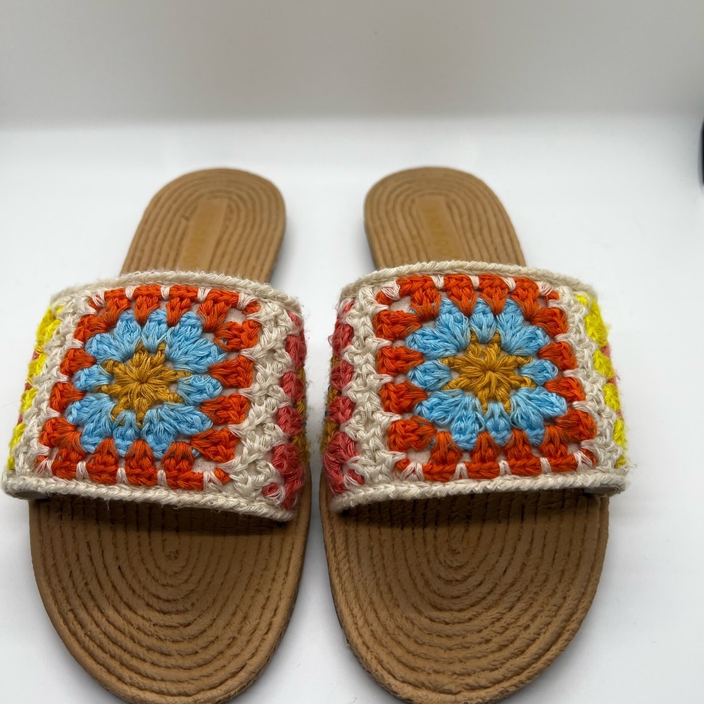 BAMBOO Crochet Slide Sandals in Orange, Blue, Yellow, Cream - Size 7.5